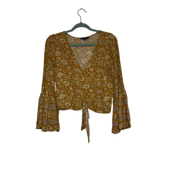 American Eagle Boho Floral Tie Front Bell Sleeve Top Medium - Picture 1 of 7